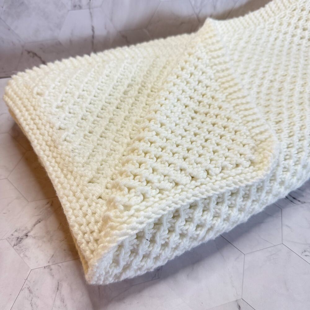 Crochet Baby Blanket Handmade White Waffle Acrylic 40x42" Soft Beautiful EUC